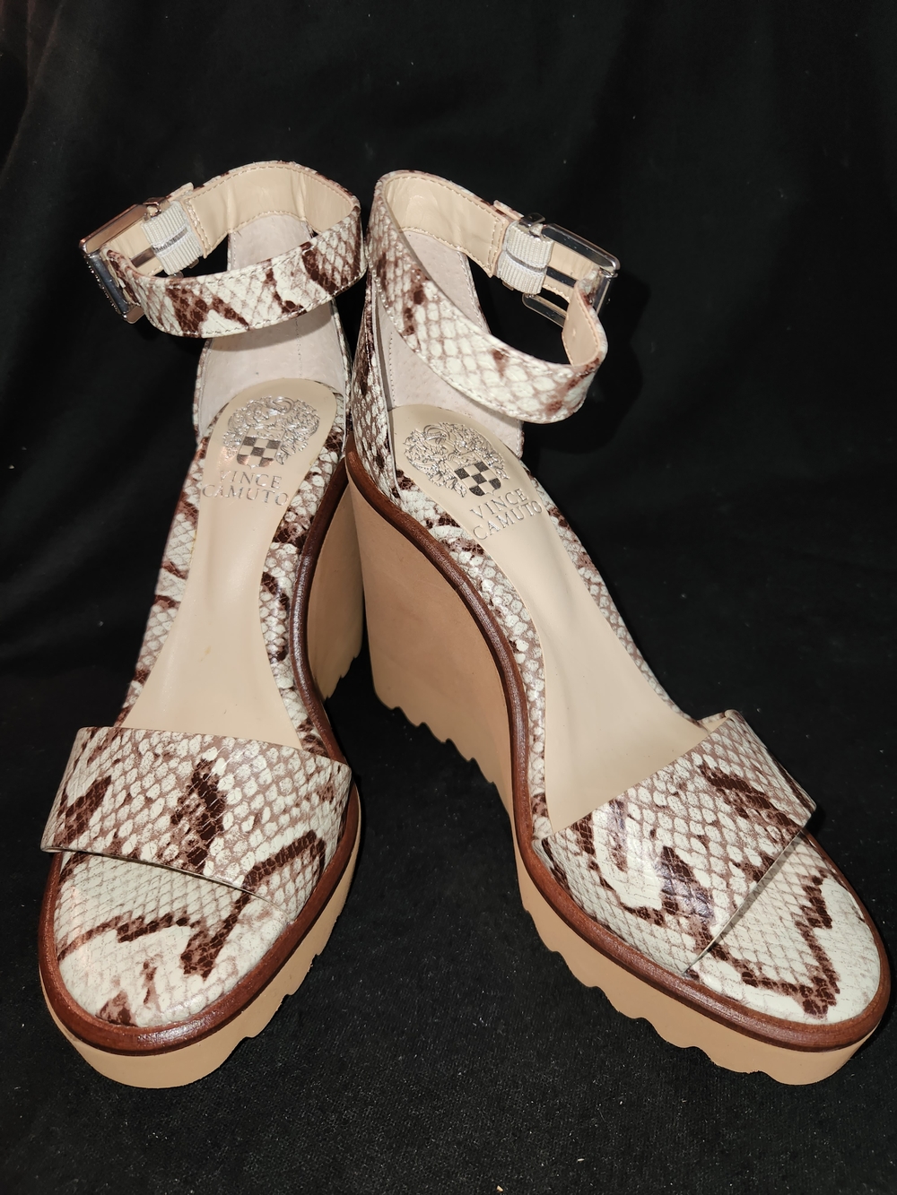 Vince Camuto Snake-Print Ankle-Strap Wedges in Cream and Brown #422